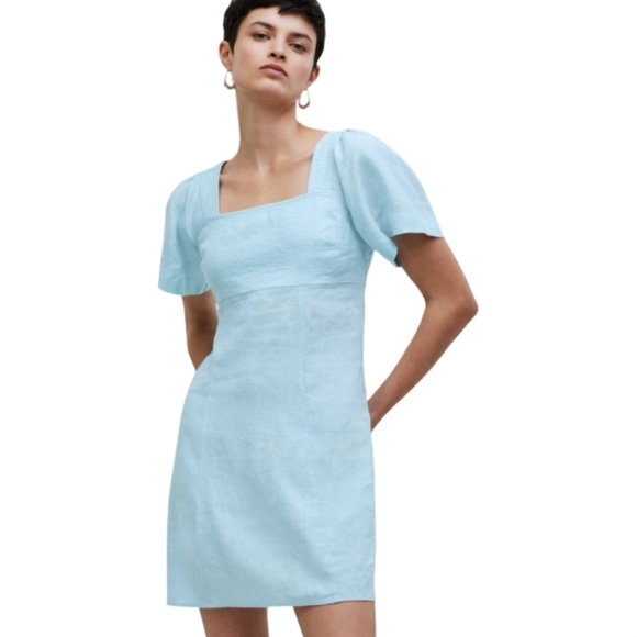 Madewell Square Neck Cutout Mini Dress 100% Linen Light Blue Size 10 NWT - Picture 2 of 13